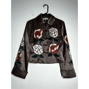 Elaine Collection NY Women’s Bohemian Embroidered Satin Blazer Cacao Red Size M